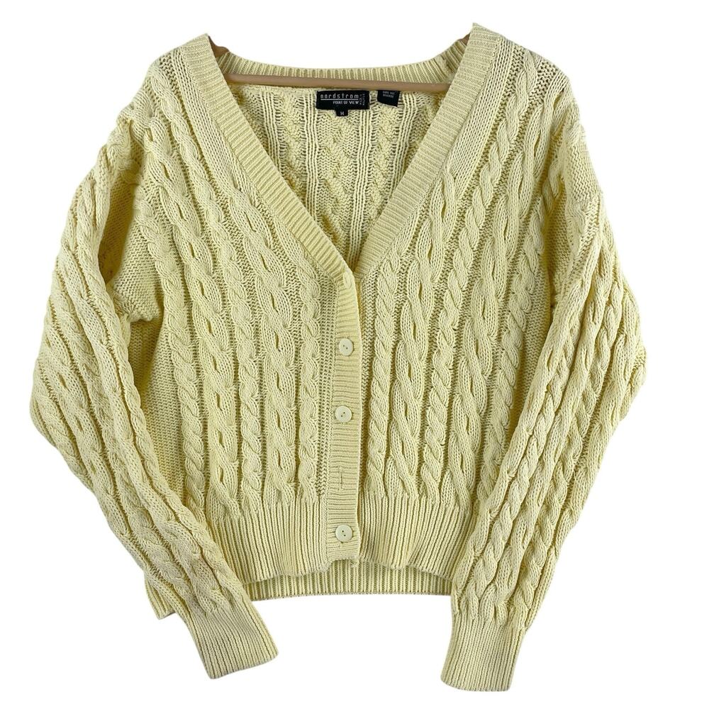 VTG Nordstrom Women’s Point of View Yellow Cable Knit 100% Cotton Cardigan SZ M